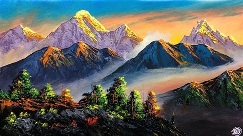 Sunset Mountain Painting | Beautiful Sunset Mountain Scenery Painting ...