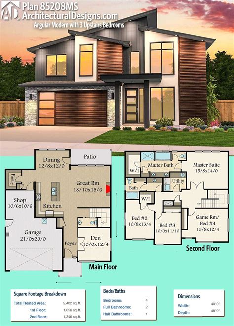 Plan 85208MS: Angular Modern House Plan with 3 Upstairs Bedrooms | Sims ...