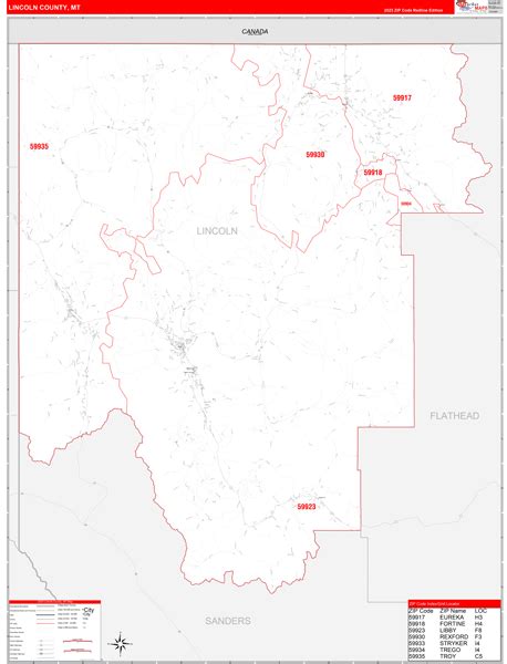 Lincoln County, MT Zip Code Wall Map Red Line Style by MarketMAPS ...