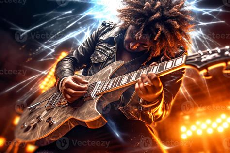 Rock guitarist, metal rockstar playing guitar with lightning on the ...