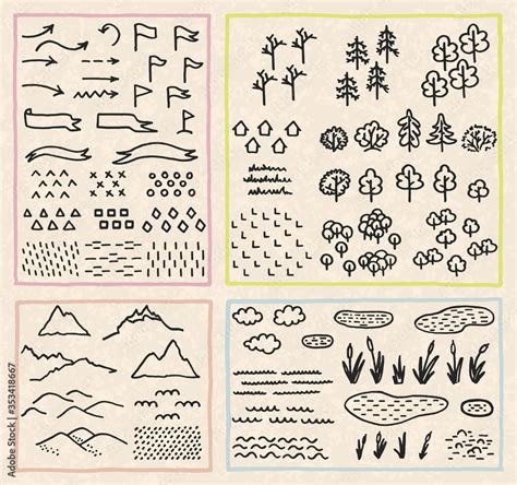 Set with thematic sets of cartographic symbols. Vector illustration ...