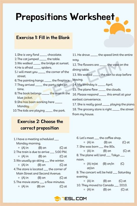 Prepositions Exercises – Prepositions Worksheet • 7ESL