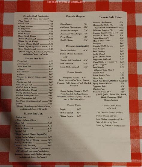 Menu at Vesuvio Pizza restaurant, Bethel