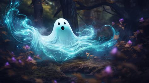 A cute ghost frolics playfully through a mystical glowing forest ...