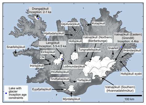 Map of Iceland with modeled glaciers labeled. Labels with grey fill ...