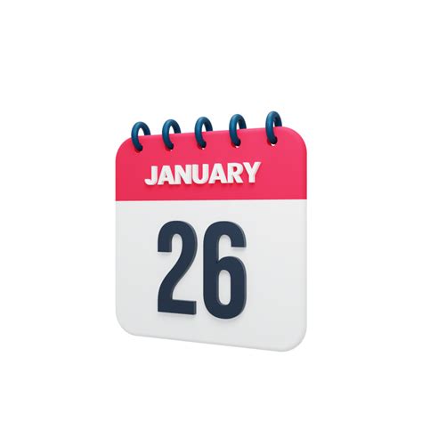 January Realistic Calendar Icon 3D Illustration Date January 26 ...