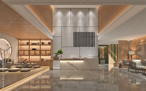 3d render of luxury hotel lobby reception Stock Illustration | Adobe Stock