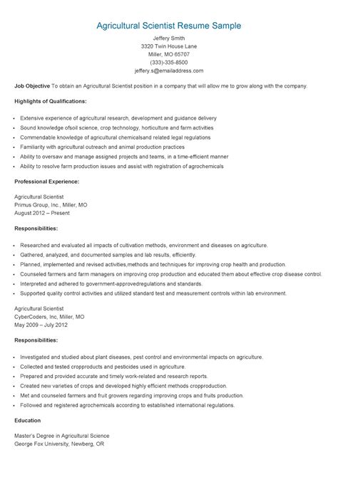 Resume Samples: Agricultural Scientist Resume Sample