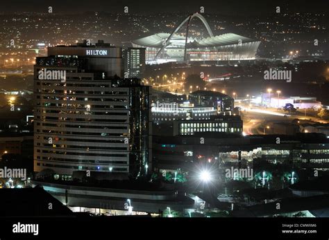 View of Durban's Hilton Hotel & Moses Mabhida stadium at night Stock ...