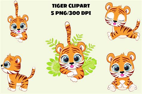 5 Cute Tiger Clipart Set, Baby Tiger PNG Sublimation Design Bundle ...