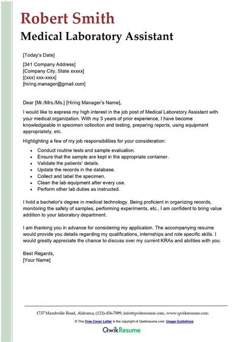 Medical Laboratory Assistant Cover Letter Examples - QwikResume