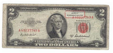 1953a Red Seal $2. 00 Thomas Jefferson Note, Two Dollar Bill A48237749a