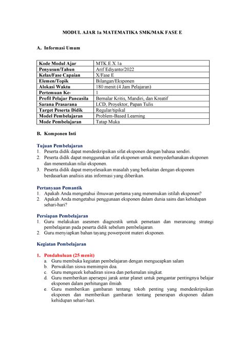 Modul AJAR Matematika SMK Kelas X BAB 1 Contoh - MODUL AJAR 1a ...