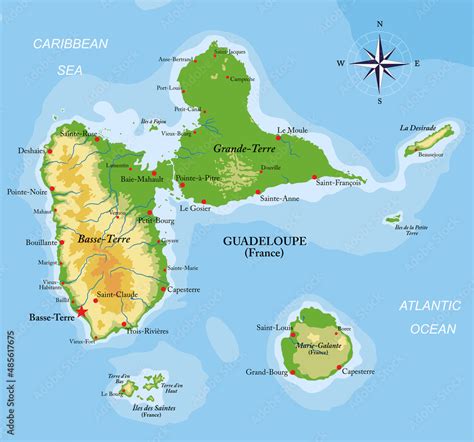 Guadeloupe islands highly detailed physical map Stock Vector | Adobe Stock