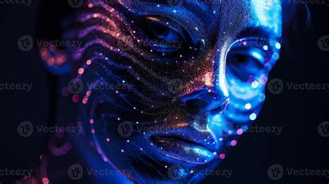 A holographic portrait of a masked figure with each feature made up of ...