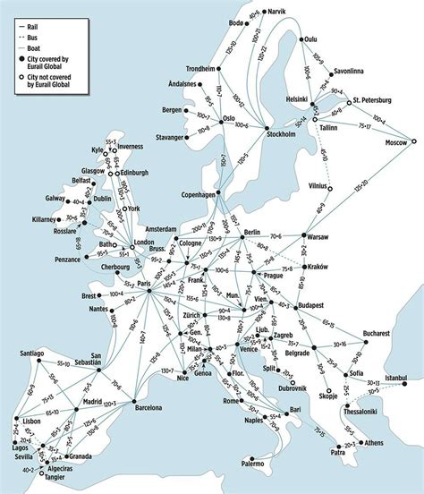 European train map. First digit price, second, hours of travel | Europe ...