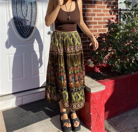 Alt tiktok hippie vibes maxi skirt thrifted glass necklace brown fit ...