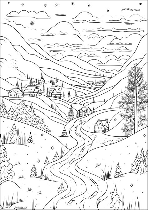 A pretty, snow-covered mountain village - Landscape Coloring Pages for ...