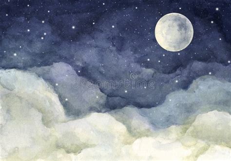 Watercolor Painting of Night Sky with Full Moon and Shining Stars Stock ...