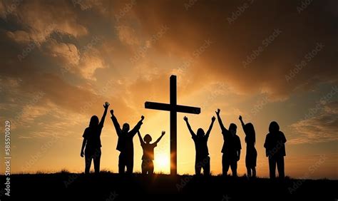 Christian people group raise hands up worship God Jesus Christ together ...