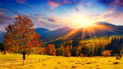 Picture Sun Autumn Nature Sky Hill Fields landscape 2560x1440