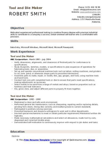 Tool And Die Maker Resume Samples | QwikResume