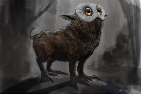 an owl standing in the middle of a forest with its eyes wide open and ...