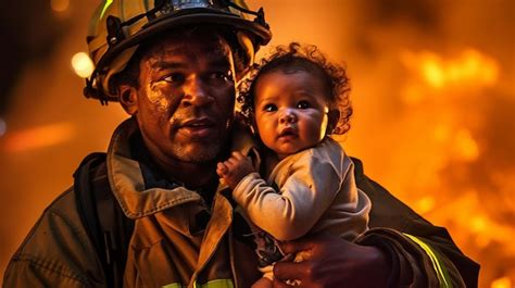 Premium AI Image | A firefighter saving a child from the building on fire