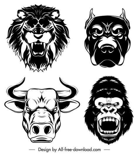 Animal Head Icons Black Silhouette Sketch-vector Misc-free Vector Free ...