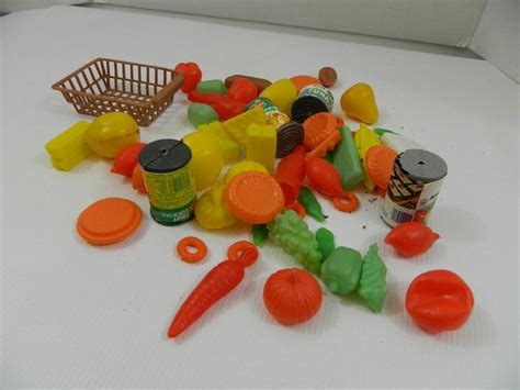 Vintage 60 piece plastic play food set with basket by luvredford