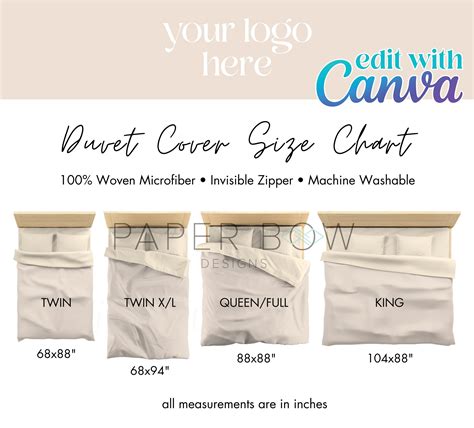 Duvet Cover Size Chart Comforter Size Chart Canva Template - Etsy