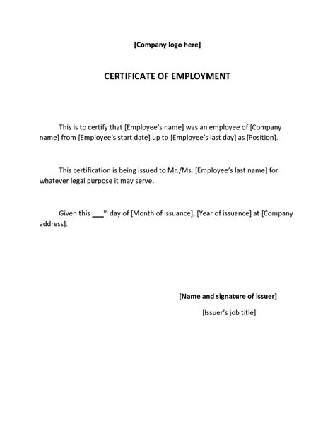 Sample Certificate Employment Template