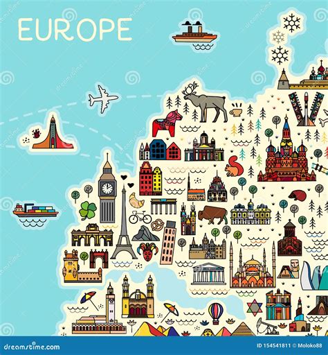 Europe Map With Famous Sightseeing. Travel Guide. Vector Royalty-Free ...