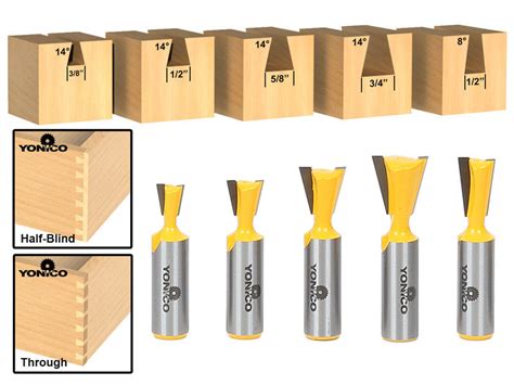 5 Bit Dovetail Router Bit Set - 1/2" Shank - Yonico 14520 – Yonico ...