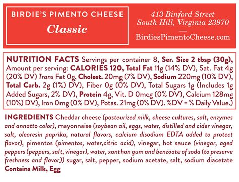 Nutrition Facts | Birdie's Pimento Cheese