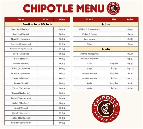 the chipotle menu is shown in red and white