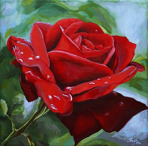 Red Rose Flower Oil on Canvas, Oil Painting, Water Drops on a Leaf ...