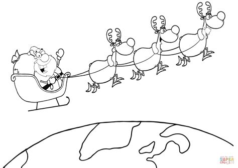 Team of Reindeer and Santa in his Sleigh Flying Above the Earth ...