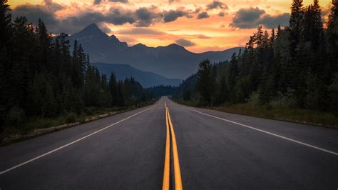 road, asphalt, mountains, trees, Canada, Alberta, orange sky, long road ...