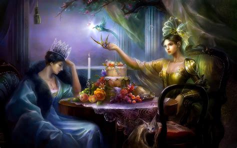 Sad Princess, Blue Clothing, A Table With Fruit, Girl, Bird Magic Mood ...