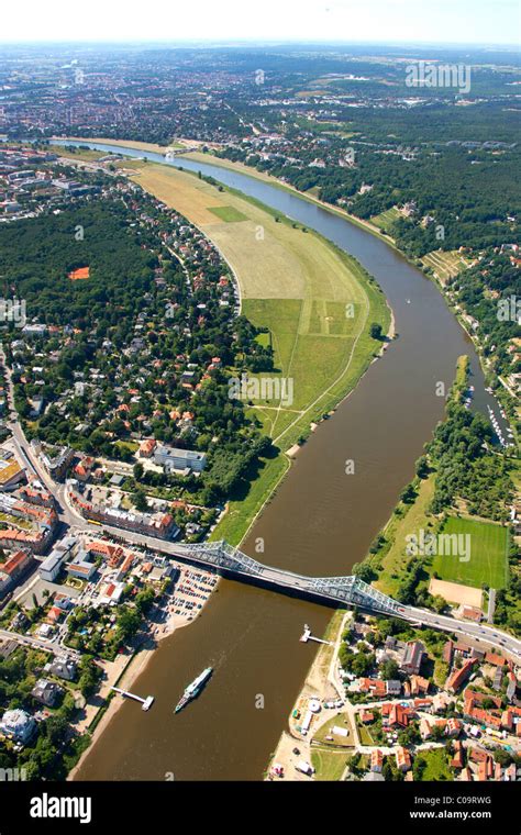 Aerial view, so called Blaues Wunder new Elbe bridge, UNESCO World ...