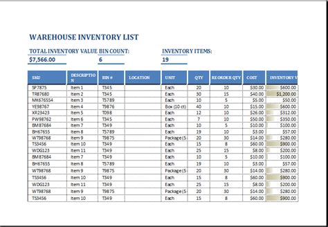 Warehouse Inventory Excel Template