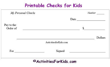 Printable Blank Checks, Check Register for Kids - Cheques