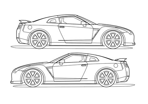 Side View Vector Line Drawing Of A Nissan Gt R Trashedgraphics | Images ...