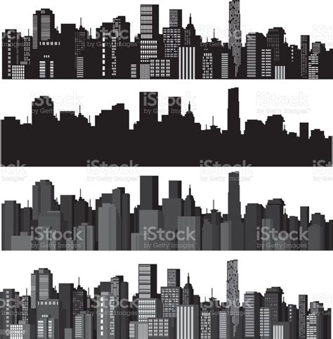 Set Of Vector Illustrations Of City Silhouettes Stock Illustration ...