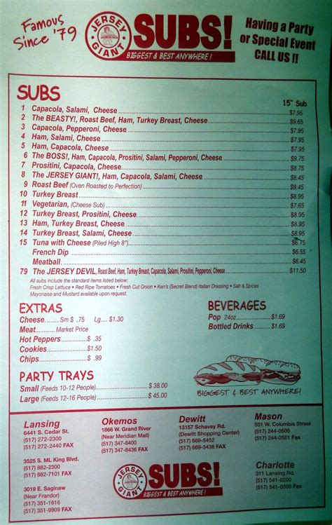 Jersey Giant Subs! Menu, Menu for Jersey Giant Subs!, Charlotte ...