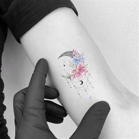 Bohemian Moon Flower Temporary Tattoo-minimalism Moon Fake | Etsy