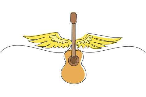 Continuous one line drawing musical emblem with wings, fire and caption ...