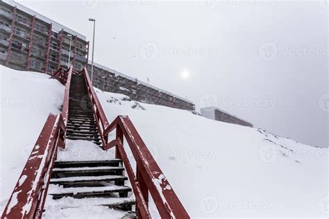 Stairs to the living blocks, after heavy snowfall Nuuk , Greenland ...