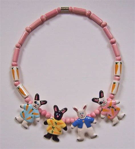 Jazzle Dazzle Polymer Clay Necklace with Three Little Bunnies